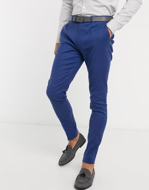 ASOS DESIGN Wedding - Abito super skinny in cotone misto lino elasticizzato blu navy, 3 di 3