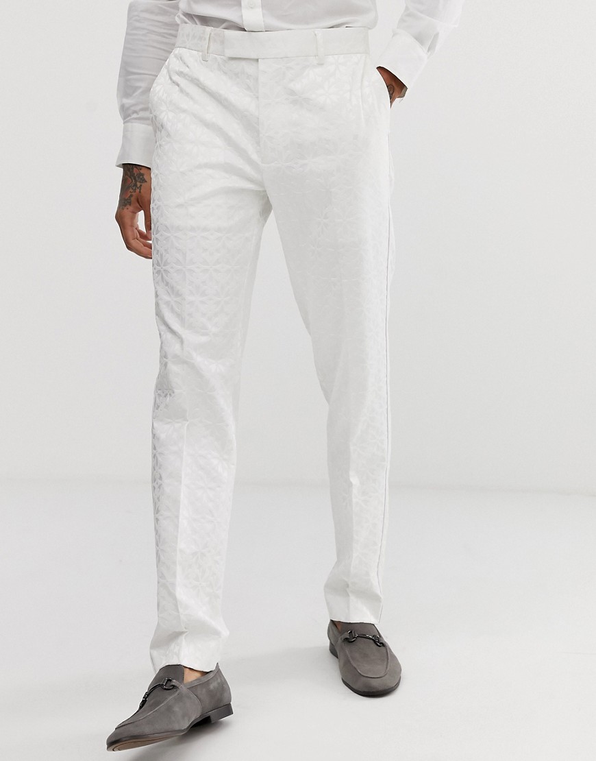 ASOS DESIGN wedding - Pantaloni stile smoking skinny in jacquard bianco-Crema