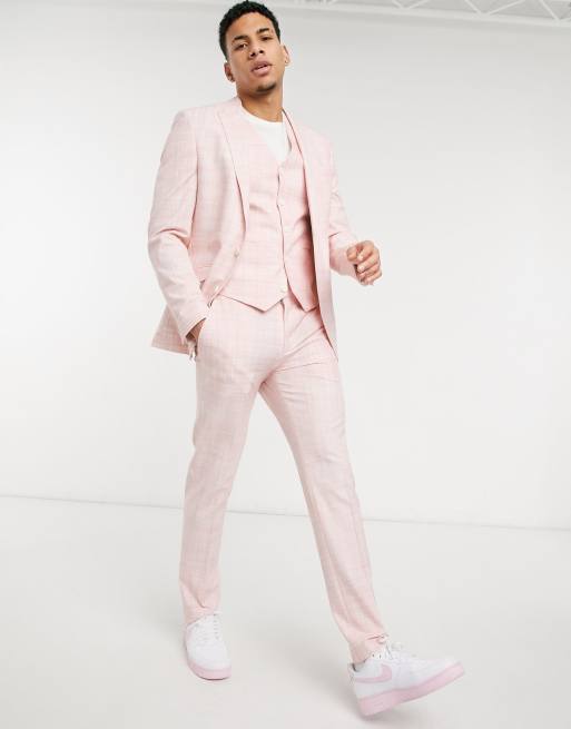 ASOS DESIGN Wedding – Pastellrosa, crosshatch-rutig kostymkavaj med smal passform, 3 av 4