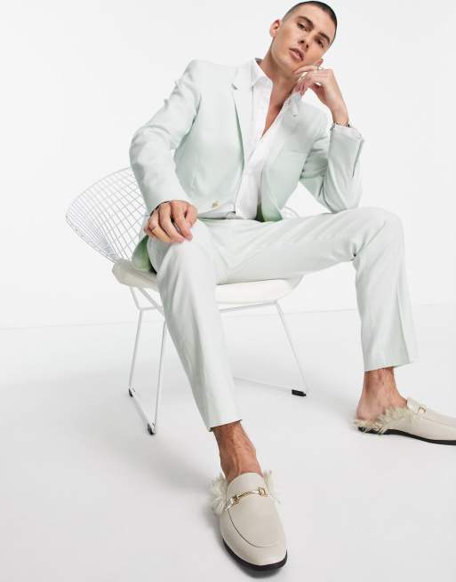 ASOS DESIGN Wedding – Pastelowozielone spodnie garniturowe o dopasowanym kroju z mieszanki lnu