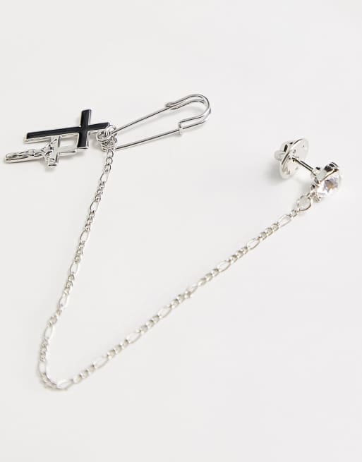 ASOS DESIGN Wedding – Revers-Anstecknadel mit Vintage-Kreuzdesign und Kette in Silber, 3 von 4