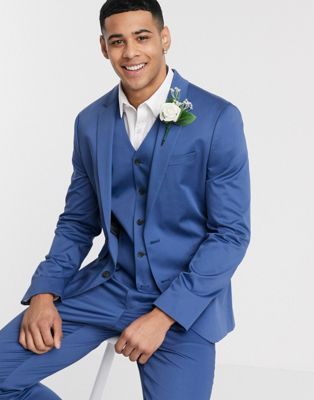 ASOS DESIGN Wedding – Schmale Anzugjacke aus Baumwollstretch in Blau