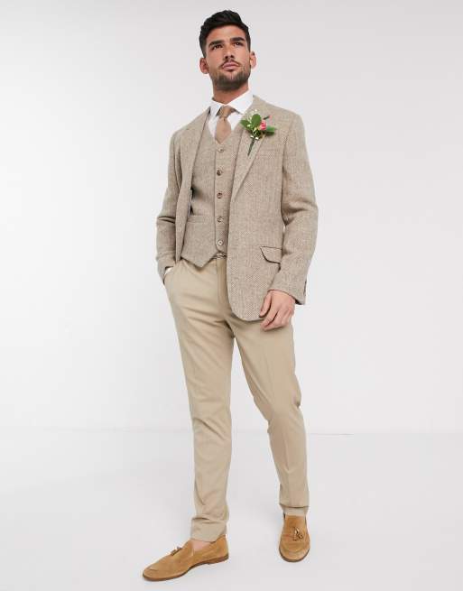 ASOS DESIGN Wedding – Schmaler Harris-Tweed-Blazer in Camel mit Fischgrätenmuster, 4 von 4