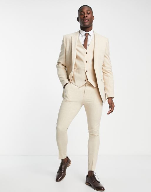 ASOS DESIGN Wedding – Sehr eng geschnittene Anzugweste in Stein mit Kreuzschraffur, 4 von 4