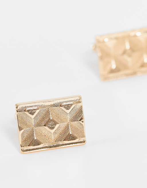 ASOS DESIGN Wedding - Set fermacravatta e gemelli color oro con decorazione a spina di pesce, 2 di 4