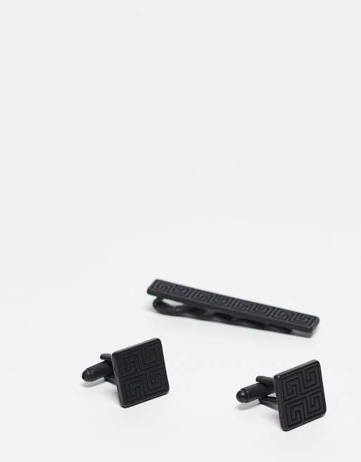 ASOS DESIGN Wedding - Set fermacravatta e gemelli nero opaco con onda greca