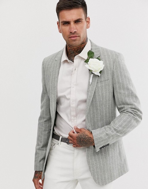 ASOS DESIGN wedding skinny blazer in green wool mix with stripe | ASOS