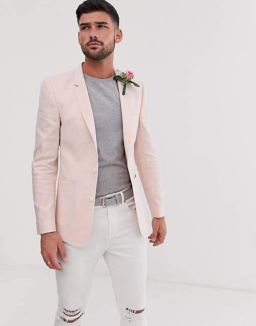 ASOS DESIGN wedding skinny blazer in pink linen | ASOS