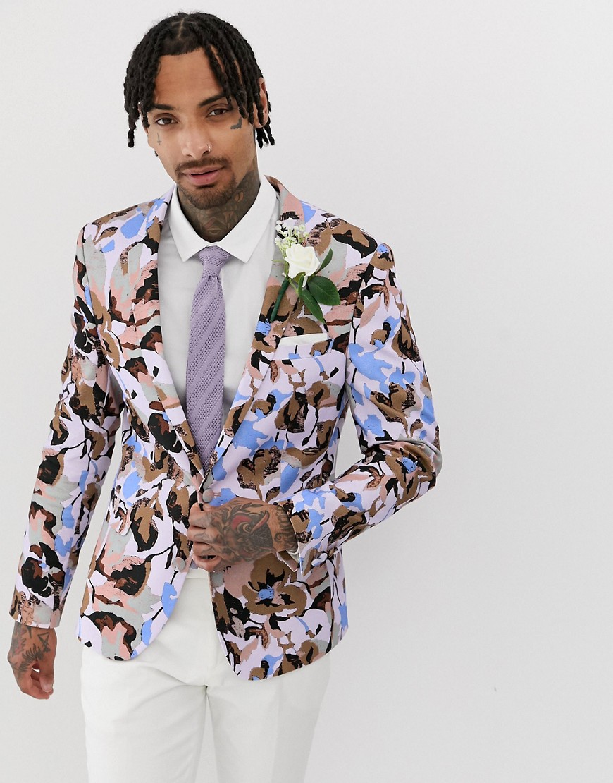 ASOS DESIGN wedding skinny blazer with allover floral print in lilac-Purple