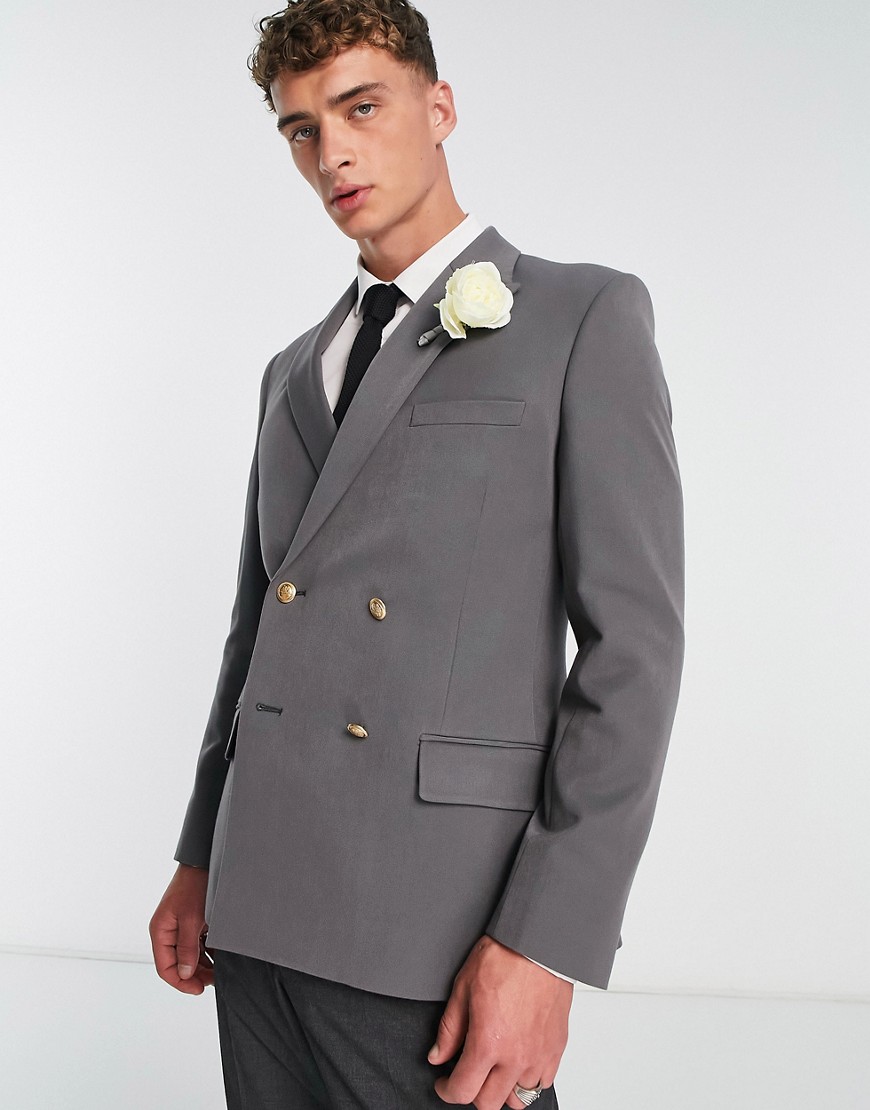 Asos Design Wedding Skinny Blazer With Gold Buttons In Charcoal-gray