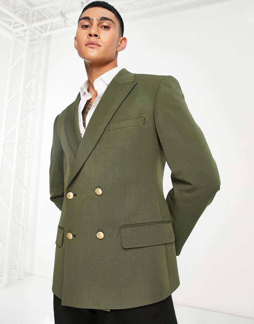 ASOS DESIGN wedding skinny blazer with gold buttons in forest green-White