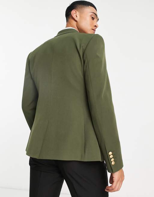 ASOS DESIGN wedding skinny blazer with gold buttons in sage green