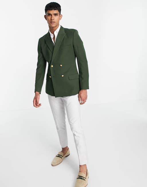 ASOS DESIGN wedding skinny blazer with gold buttons in khaki