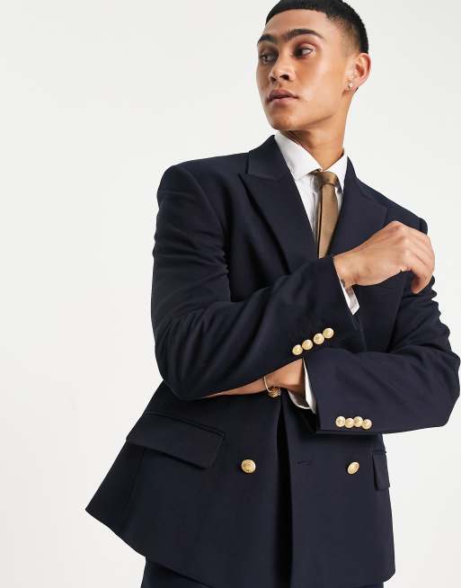 ASOS Design Wedding Skinny Blazer with Gold Buttons in Navy