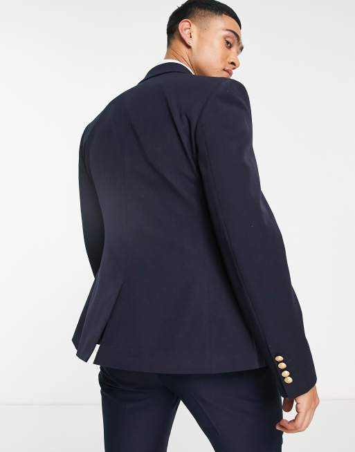 ASOS DESIGN Wedding - Blazer skinny doppiopetto nero con bottoni oro