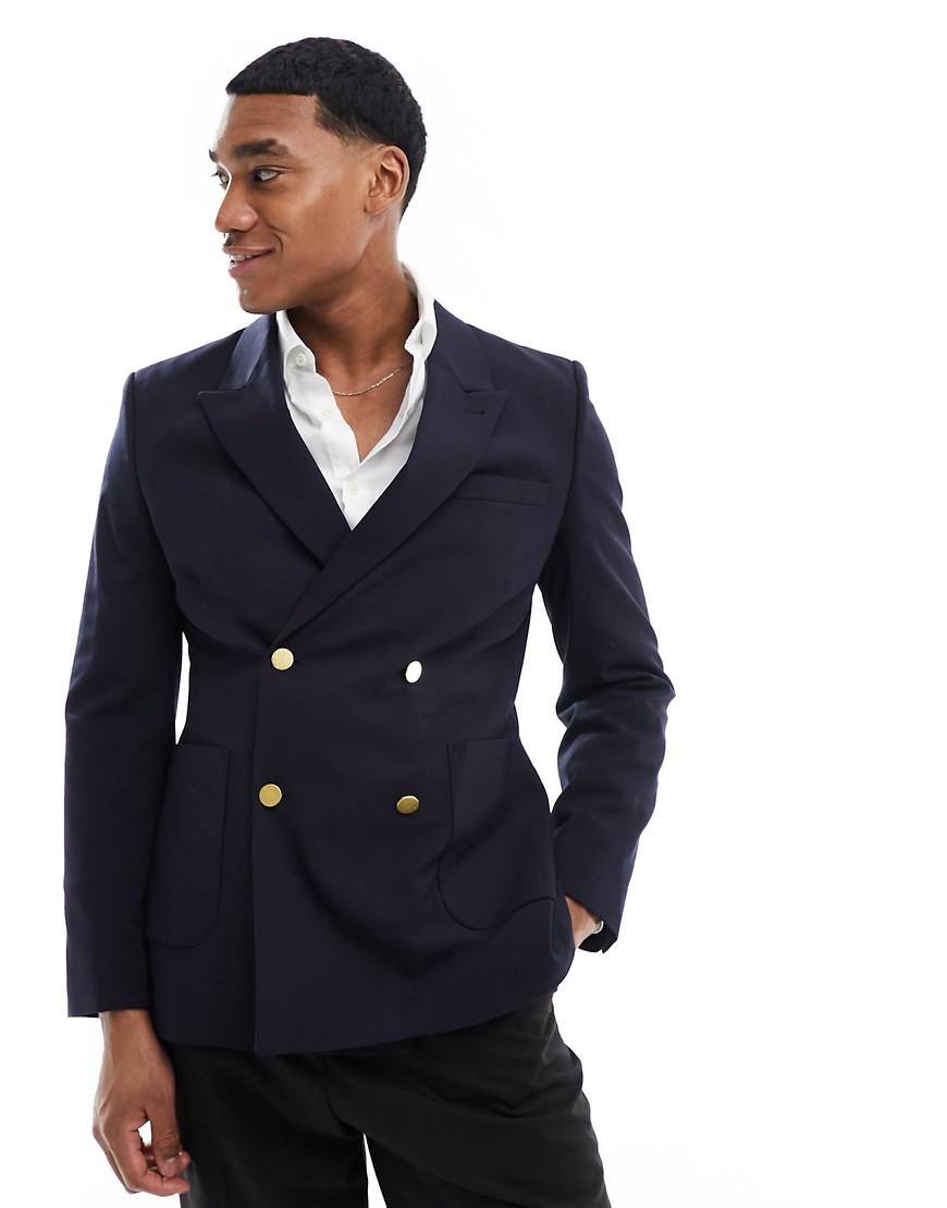 Asos Design Wedding Skinny Blazer With Gold Buttons In Navy In Black
