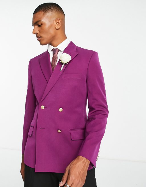 ASOS DESIGN wedding skinny blazer with gold buttons in plum