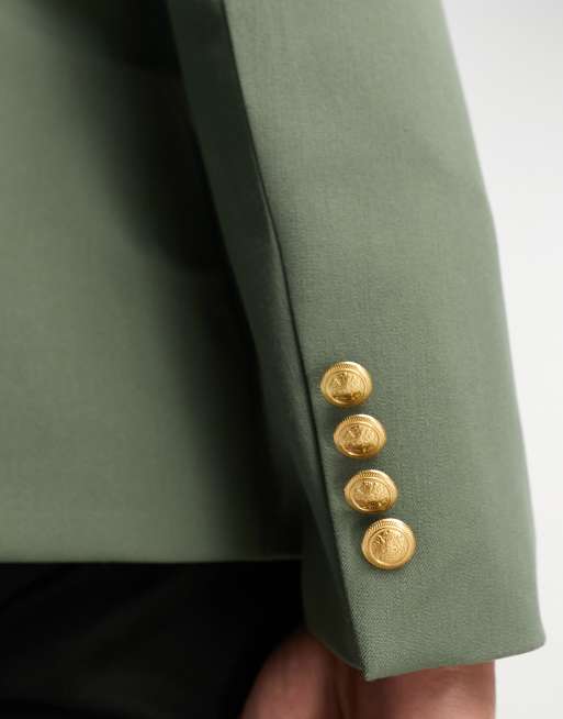 ASOS DESIGN wedding skinny blazer with gold buttons in sage green