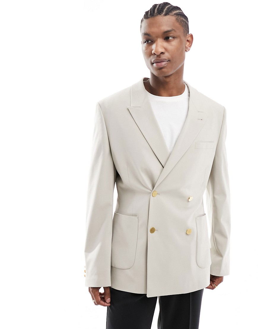 Asos Design Wedding Skinny Blazer With Gold Buttons In Stone-neutral