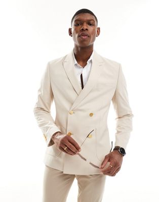 ASOS DESIGN wedding skinny blazer with gold buttons in stone