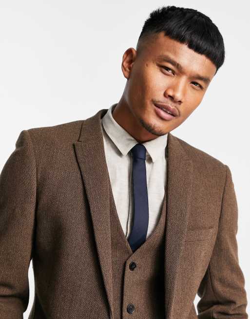 ASOS DESIGN Wedding - Skinny colbert van wolmix in bruin met textuur van geweven steken, 2 van 4