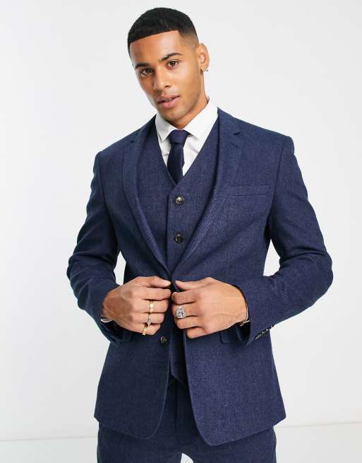 ASOS DESIGN Wedding - Skinny colbert van wolmix in indigo met mandensteek textuur 