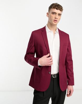 ASOS DESIGN wedding skinny cotton blazer in burgundy