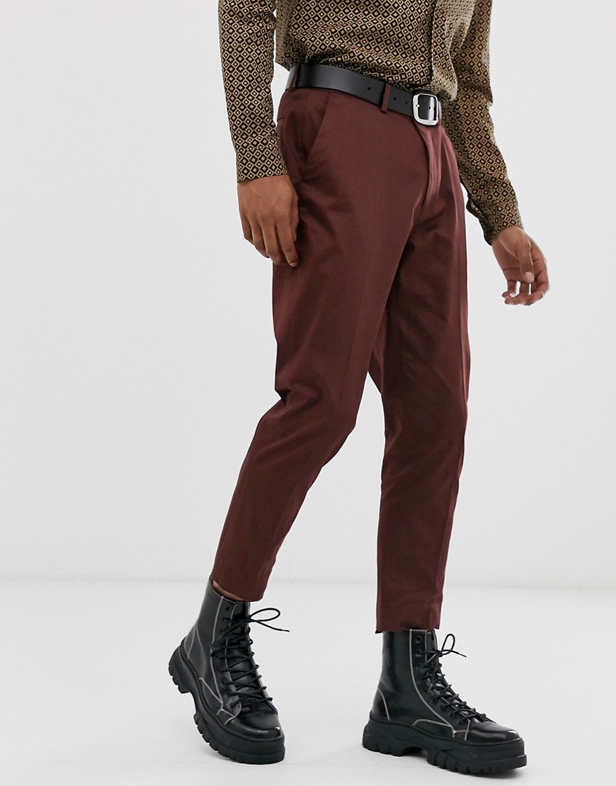 ASOS DESIGN wedding skinny cotton suit trousers in burgundy-Red