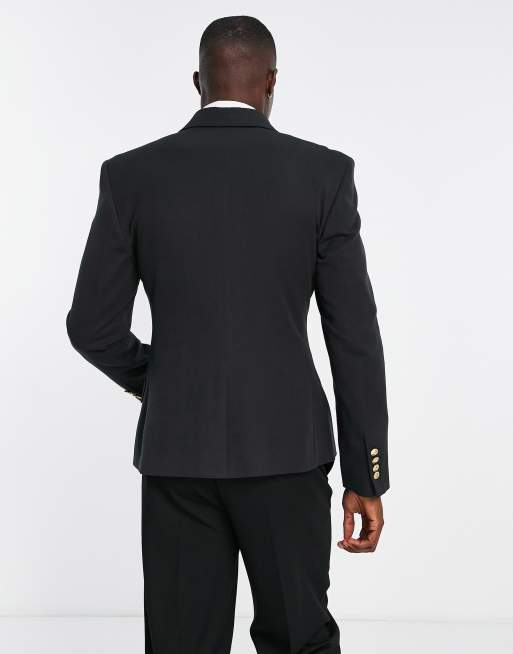 ASOS DESIGN Wedding skinny double breasted blazer with gold buttons in black