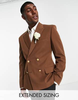 ASOS DESIGN wedding skinny double breasted blazer with gold buttons in chocolate brown