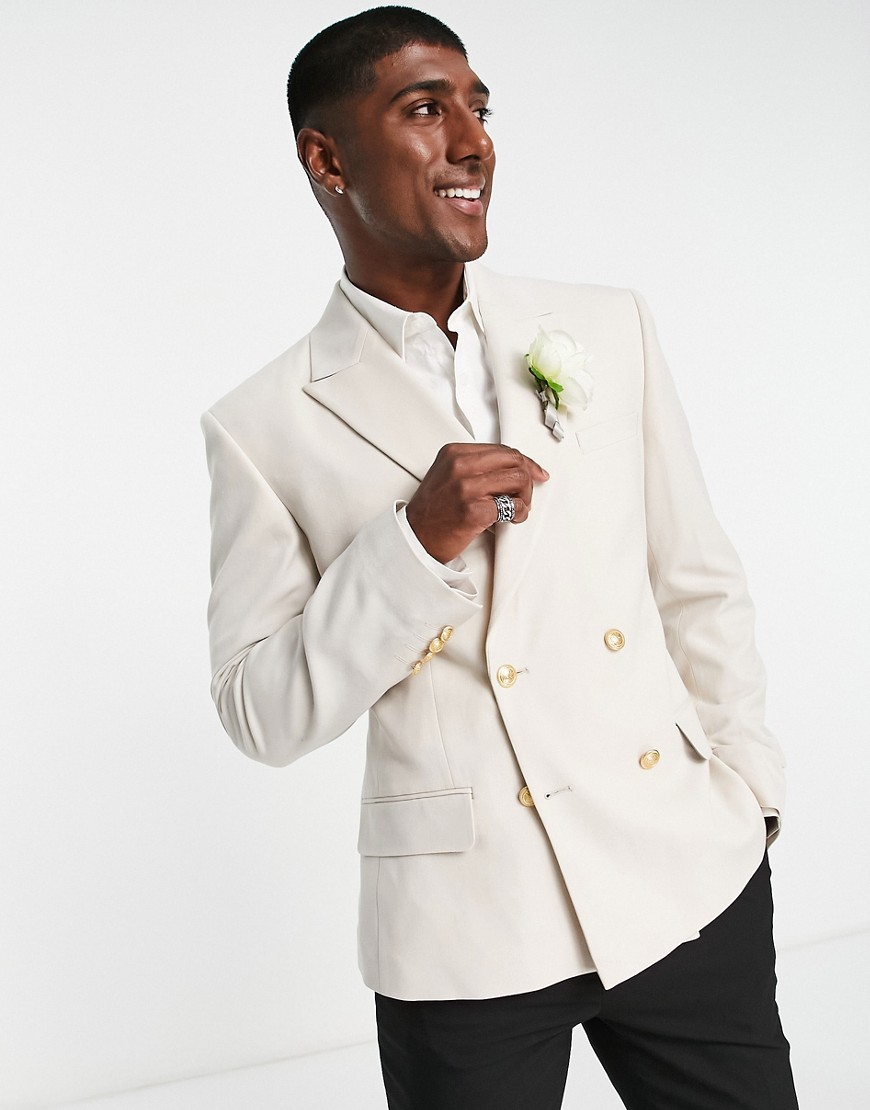 ASOS DESIGN wedding skinny double breasted blazer with gold buttons in patty stone-Neutral