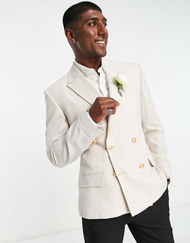 ASOS DESIGN wedding skinny double breasted blazer with gold buttons in patty stone