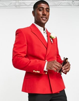 ASOS DESIGN wedding skinny double breasted blazer with gold buttons in red - ASOS Price Checker