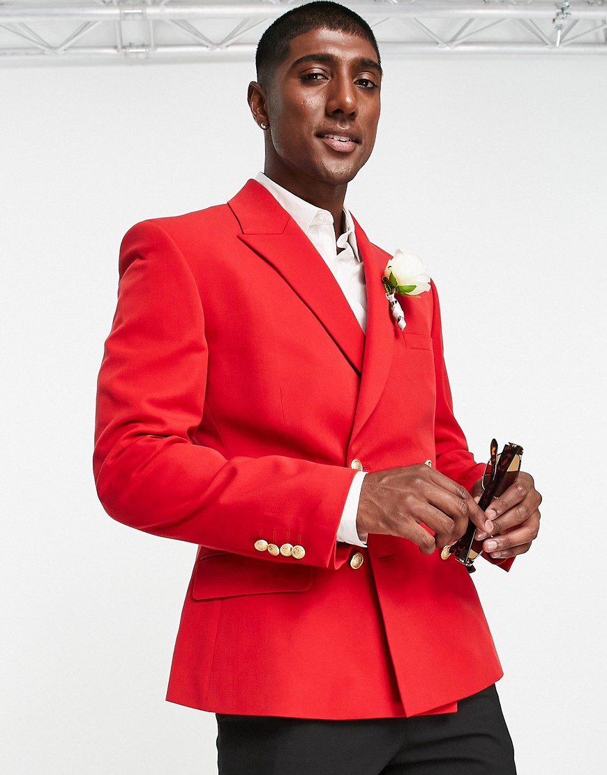 ASOS DESIGN wedding skinny double breasted blazer with gold buttons in red