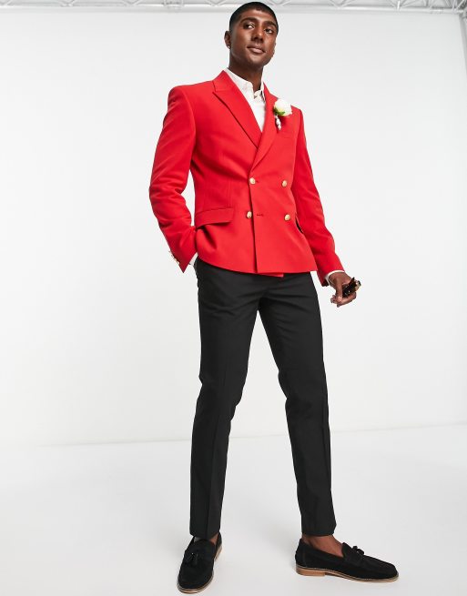 ASOS DESIGN wedding skinny double breasted blazer with gold buttons in red