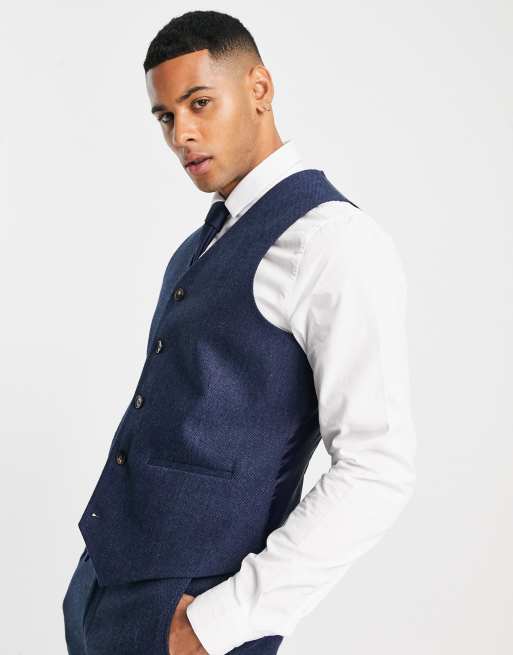 ASOS DESIGN Wedding - Skinny gilet van wolmix in indigo met textuur van geweven steken 