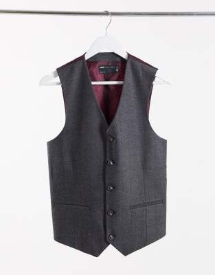 ASOS DESIGN Wedding  Enge Anzugweste aus Wollmischung mit Fischgrätenmuster in Anthrazit-Grau Grau