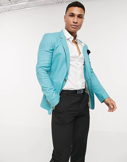 Suits wedding skinny linen blazer in blue 