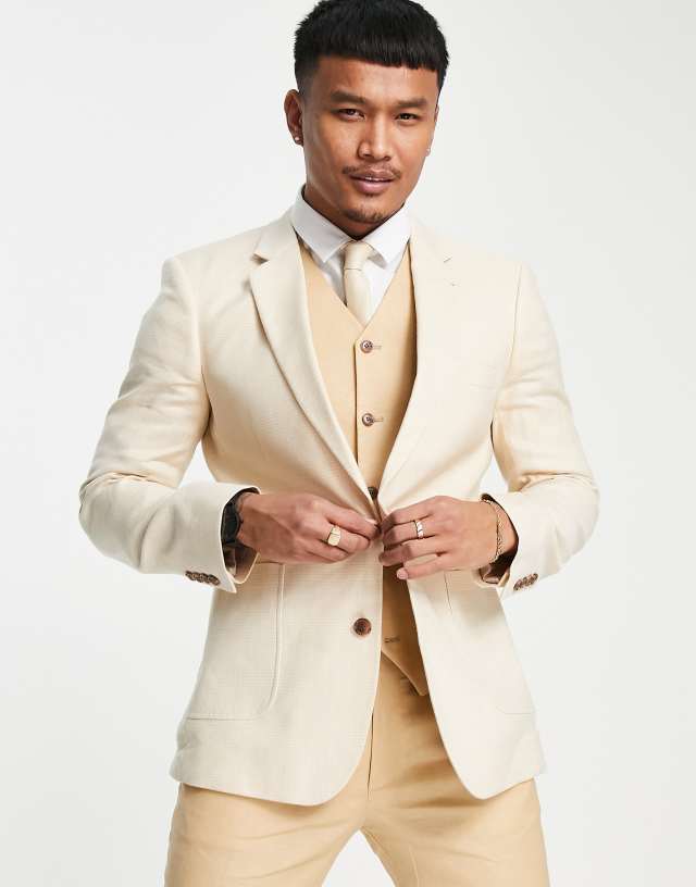 ASOS DESIGN wedding skinny linen mix blazer in stone puppy tooth