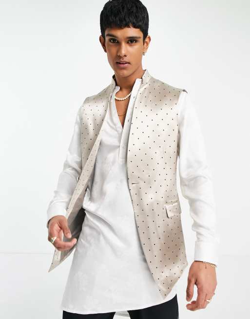ASOS DESIGN wedding skinny Nehru vest with mandarin collar with polka dots in beige