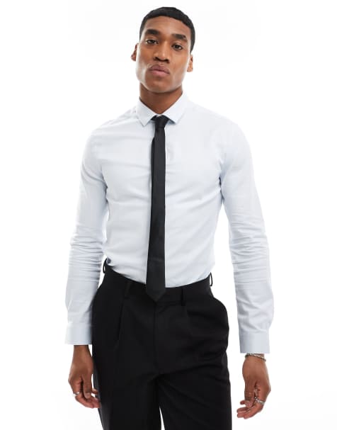 ASOS DESIGN wedding skinny smart shirt in herringbone texture in blue - view 1