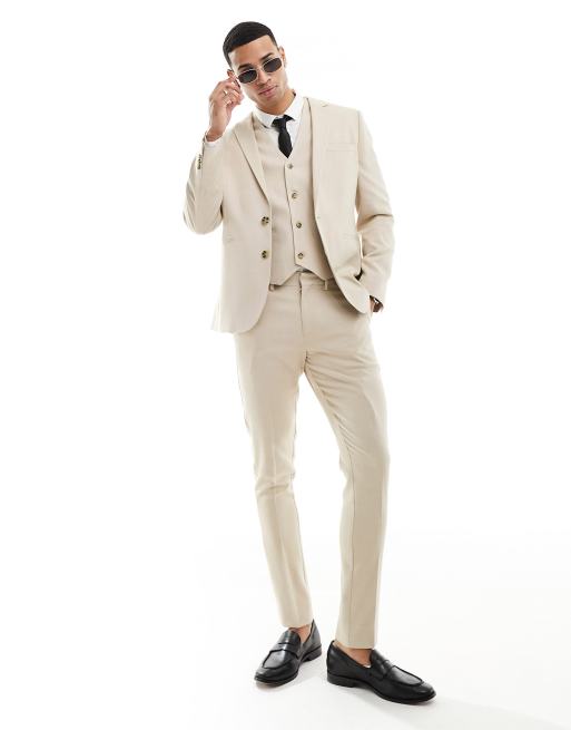 ASOS DESIGN wedding skinny suit in linen mix in micro texture in stone