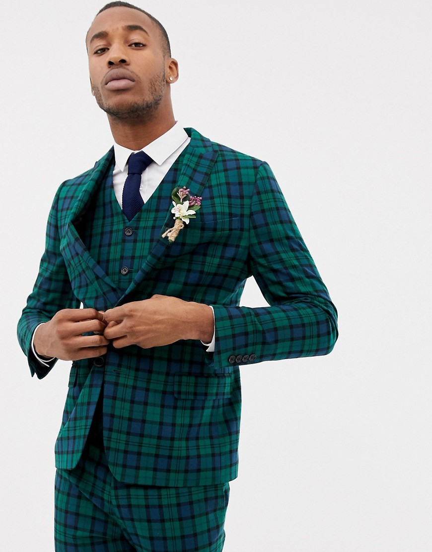 ASOS DESIGN wedding skinny suit jacket in blackwatch tartan-Green