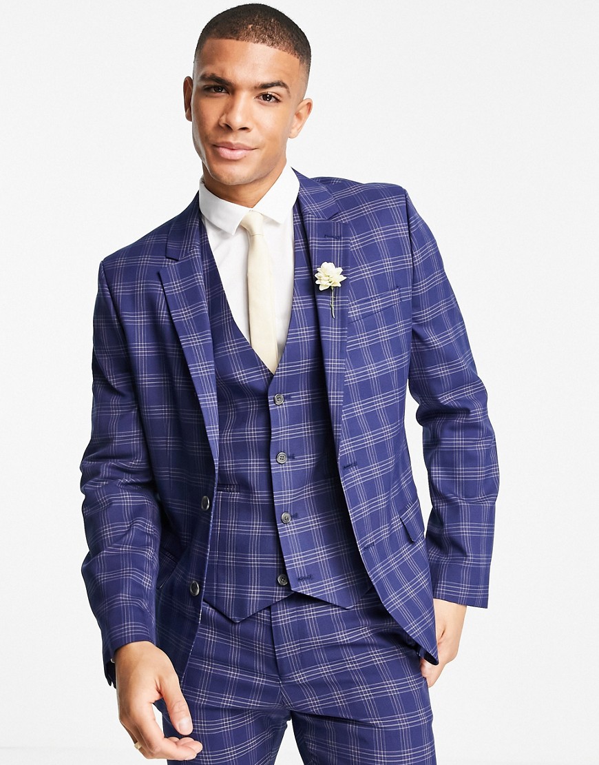 ASOS DESIGN wedding skinny suit jacket in blue and gray bold check-Blues