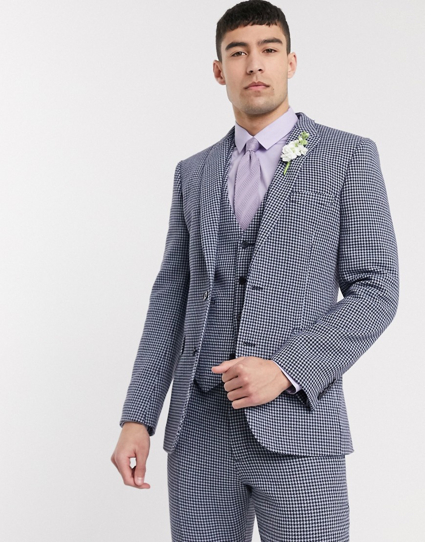 ASOS DESIGN wedding skinny suit jacket in blue and gray wool blend microcheck