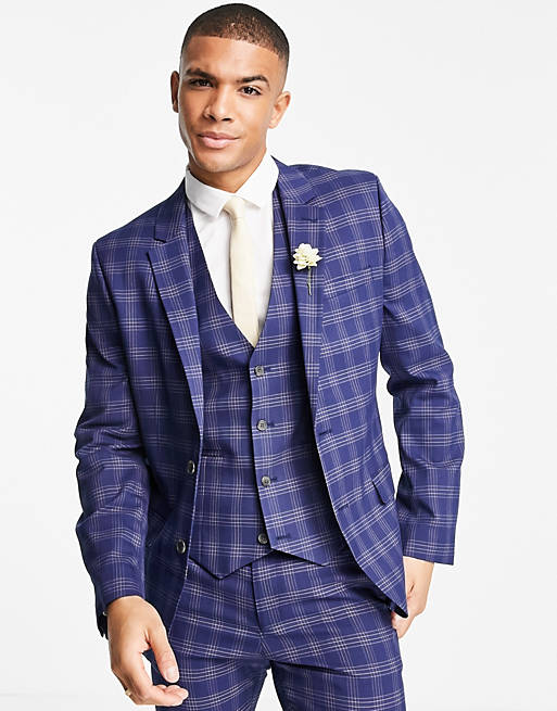 ASOS DESIGN wedding skinny suit jacket in blue and grey bold check