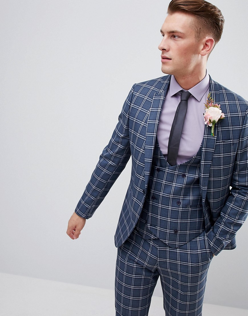 ASOS DESIGN wedding skinny suit jacket in blue and white check