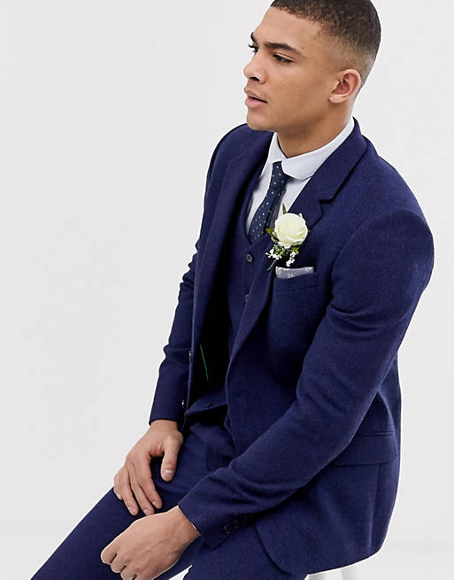 ASOS DESIGN wedding skinny suit jacket in blue wool blend herringbone