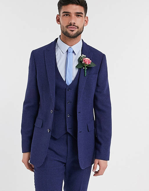 ASOS DESIGN wedding skinny suit jacket in blue wool blend micro houndstooth