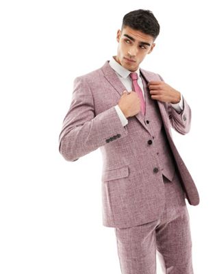 ASOS DESIGN wedding skinny suit jacket in burgundy crosshatch